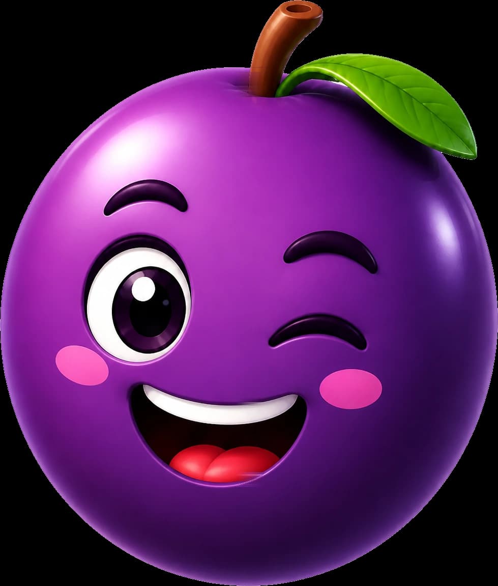 A smiling plum mascot winking